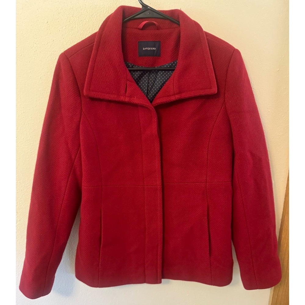 Lands' End Women's Red Wool coat Button Front Lined Long Sleeve Size 8
